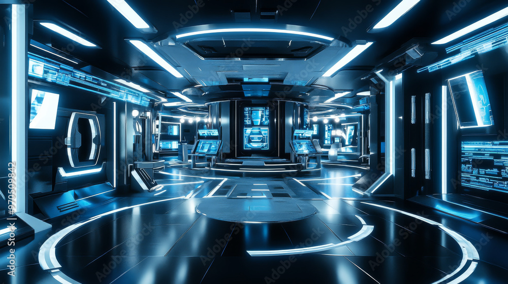 Poster a futuristic architecture studio with bright led lights and cube-shaped walls. the scene is a comple