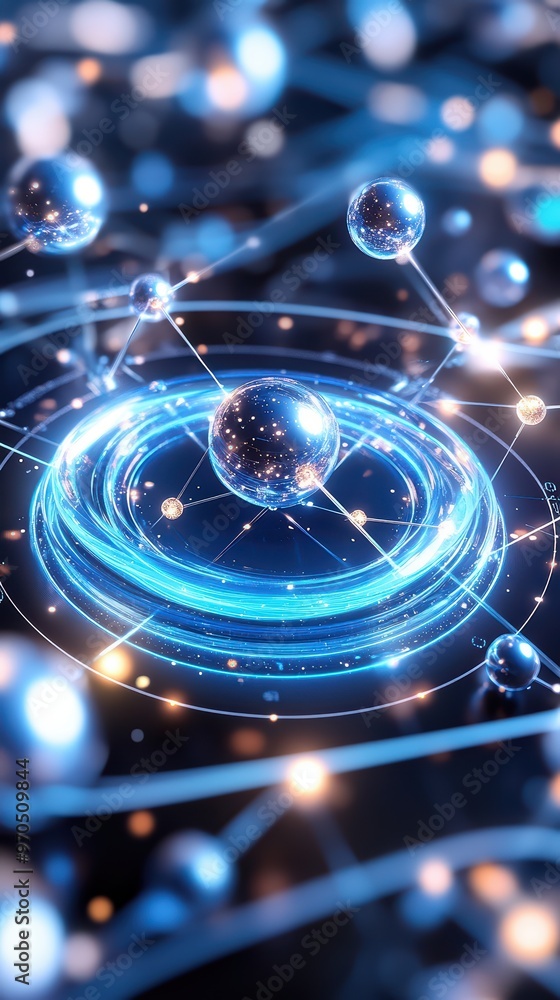 Poster abstract illustration of molecular structures in a dynamic blue environment, showcasing interconnect