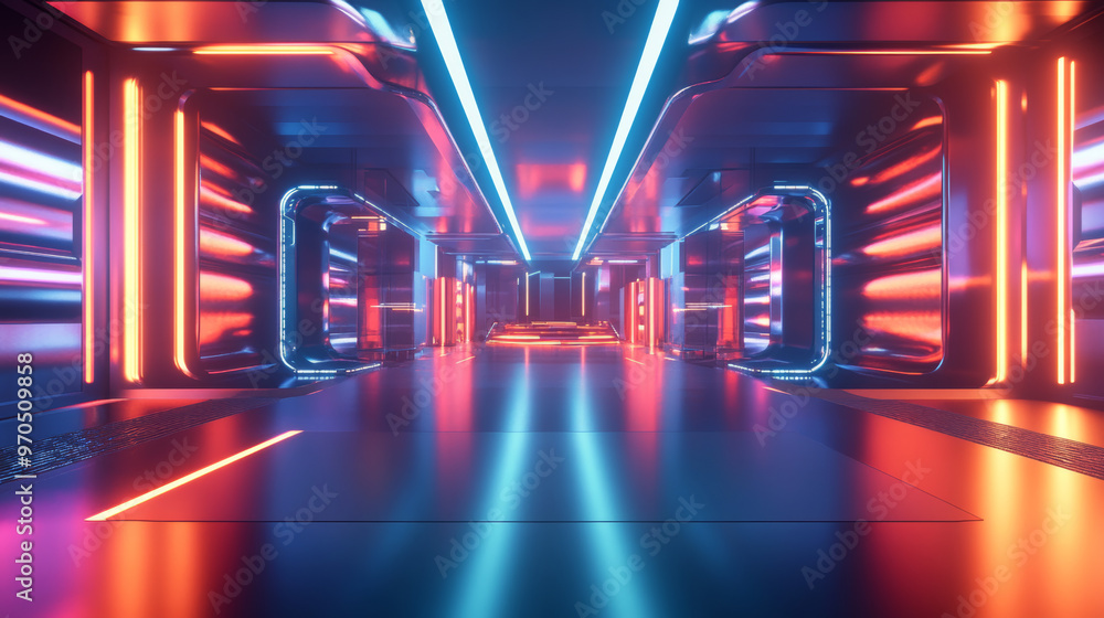 Poster a futuristic architecture studio with bright led lights and cube-shaped walls. the scene is a comple