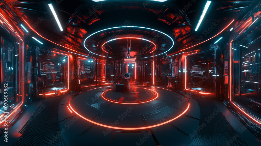 Aufkleber a futuristic architecture studio with bright led lights and cube-shaped walls. the scene is a comple