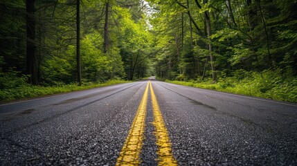A serene road stretches through a lush green forest, reflecting a tranquil atmosphere after rain.