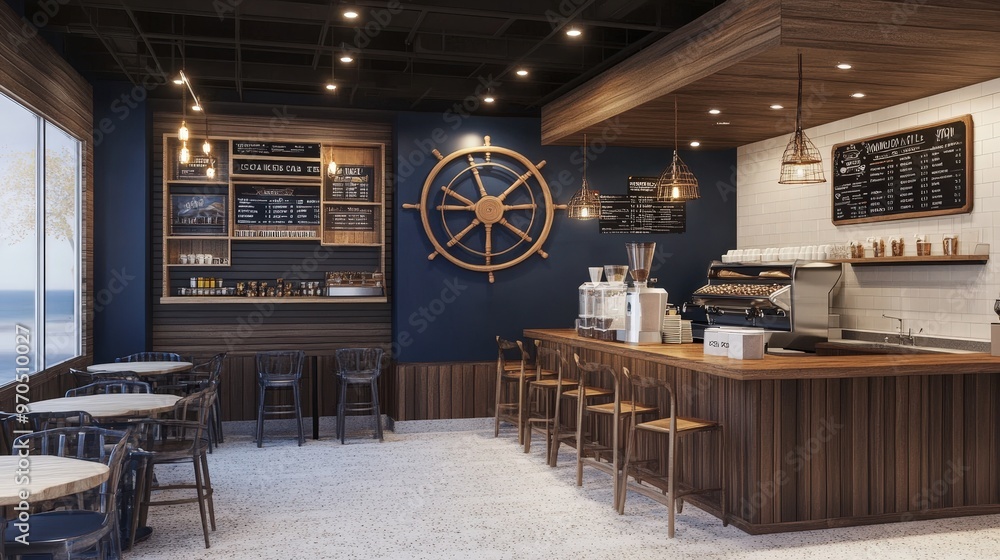 Poster create an image of a modern coffee shop with a nautical theme.