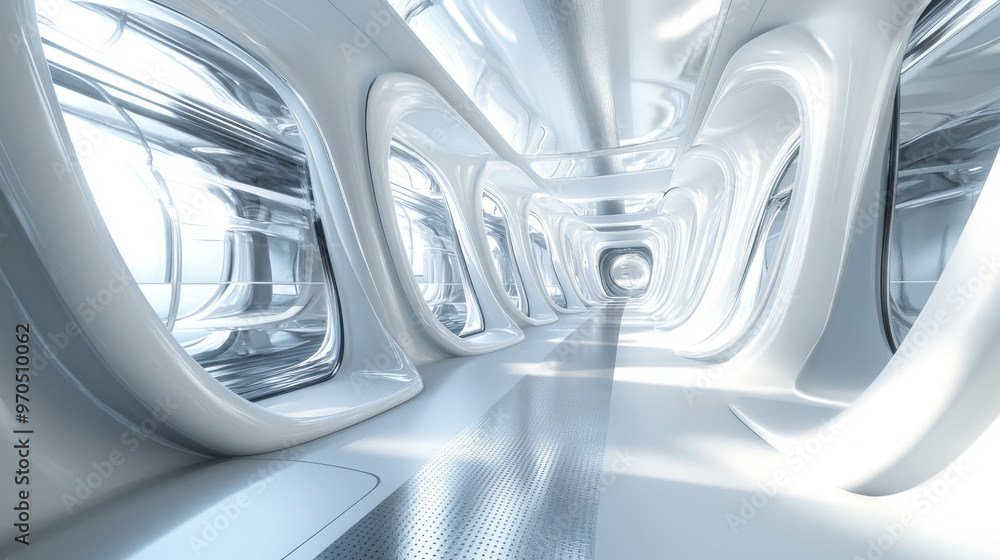Poster a futuristic building interior with a 3d design that feels like you can see in every direction.