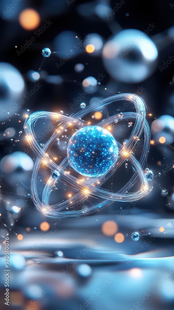 Poster an abstract representation of an atom with glowing particles and a swirling background, symbolizing 