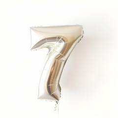 A large silver metallic number 7 balloon,white background