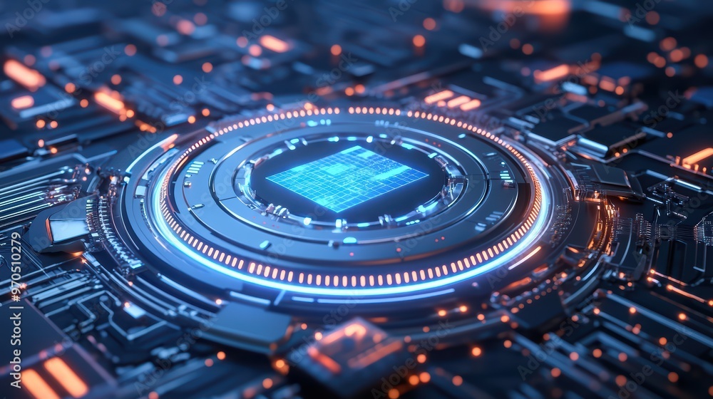 Poster an abstract visualization of a microchip on a circuit board with glowing elements, symbolizing advan