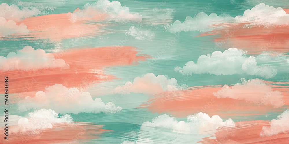 Wall mural smooth brush strokes in coral and sage with cloud patterns as background for a serene and calming ae