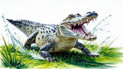 Crocodile sitting on the ground in the grass with watercolor effect generative ai