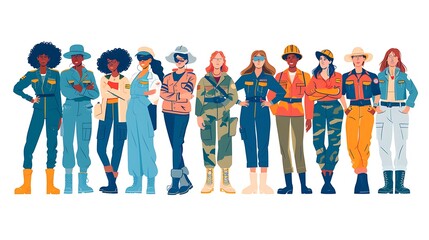 Obraz premium Diverse Women in Various Uniforms, Group Portrait Shot, Illustration Style, Diversity Concept, Various Uniforms