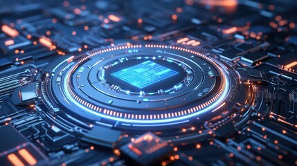 Fototapeta premium An abstract visualization of a microchip on a circuit board with glowing elements, symbolizing advanced technology and innovation.