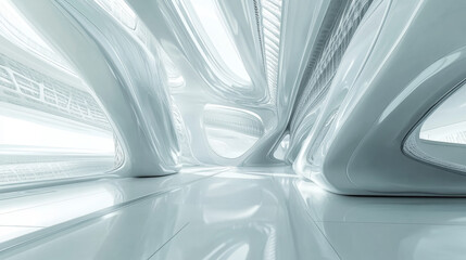 A futuristic building with a white interior. You can see everything in this 3D image, from every angle.