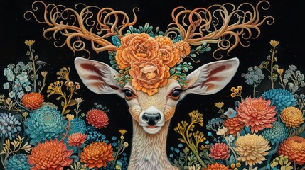 A whimsical illustration of a deer adorned with flowers and intricate antlers, set against a dark background.