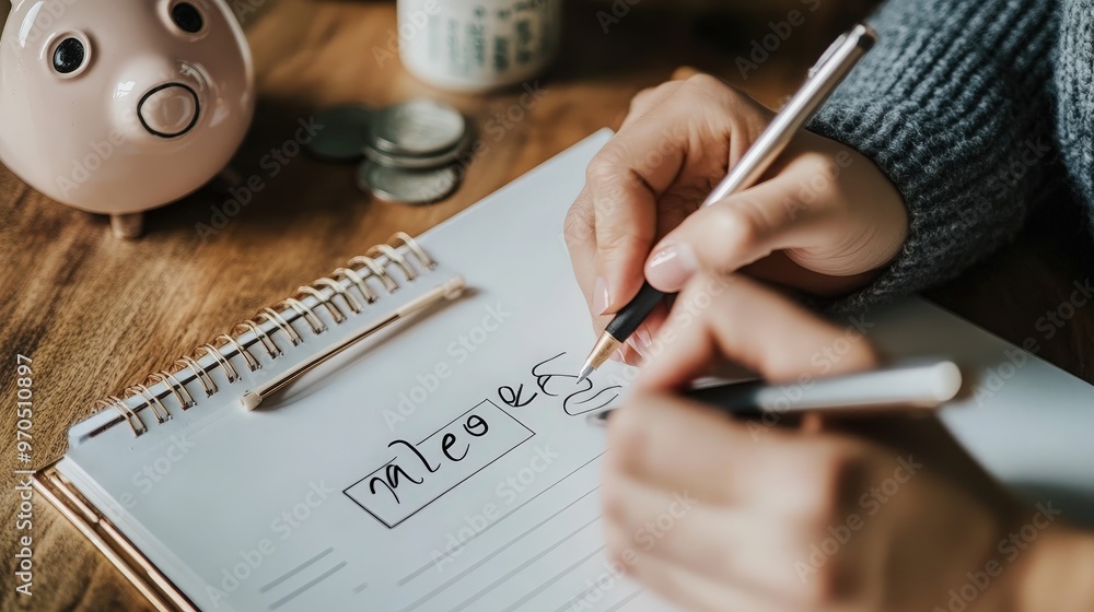 Aufkleber create an image of a person making a list of savings goals