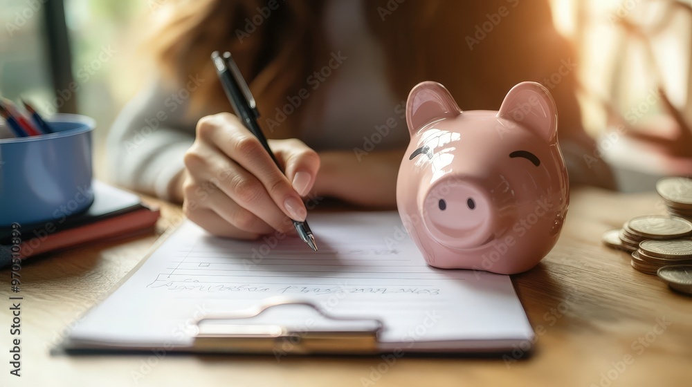 Aufkleber create an image of a person making a list of savings goals