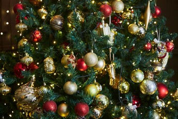 Christmas tree, close-up with toys. Interior decor for celebrating New Year or Christmas.