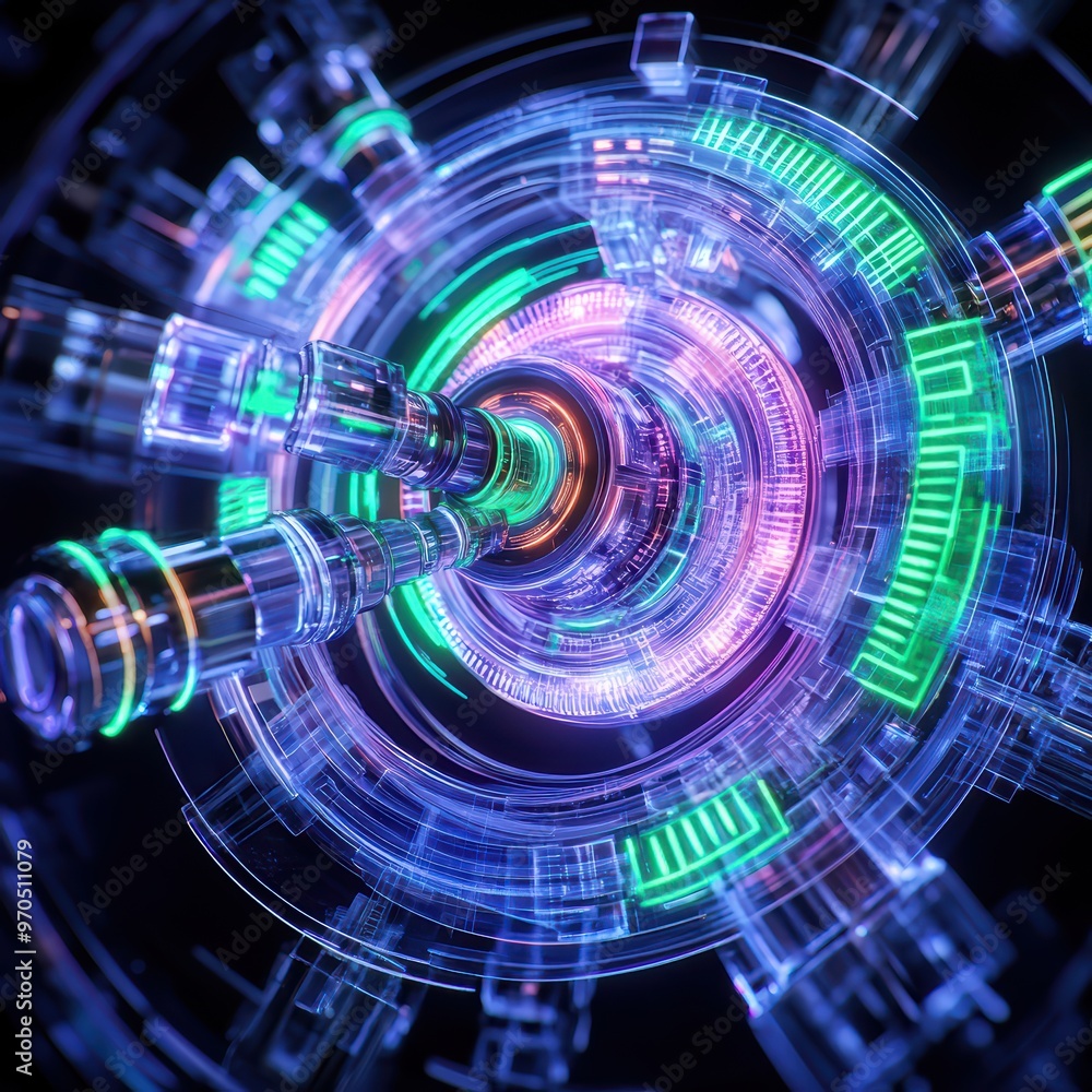 Poster futuristic abstract design with colorful glowing elements representing technology and innovation. pe