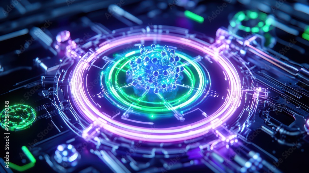 Aufkleber futuristic abstract technology featuring glowing circles and vibrant spheres, representing digital i