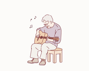 senior man with acoustic instrumental guitar. Man playing guitar. Hand drawn style vector design illustrations.