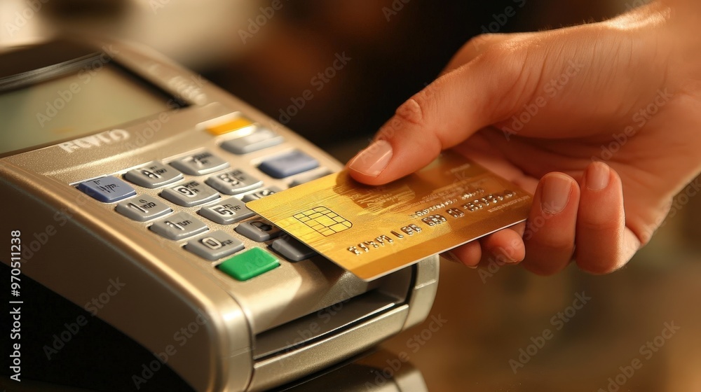 Poster create an image of a person using a credit card for a large purchase.