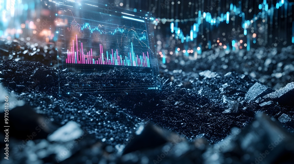 Poster holographic digital data analysis and financial analytics visualization projected over a large of co
