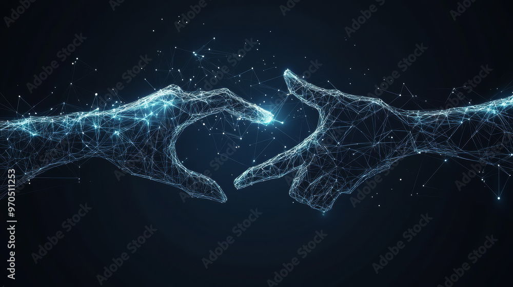 Poster a futuristic design with connected hands, representing global connections. the design uses triangles