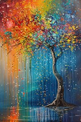 A vibrant, colorful tree stands against a backdrop of blue and orange, symbolizing life and creativity.