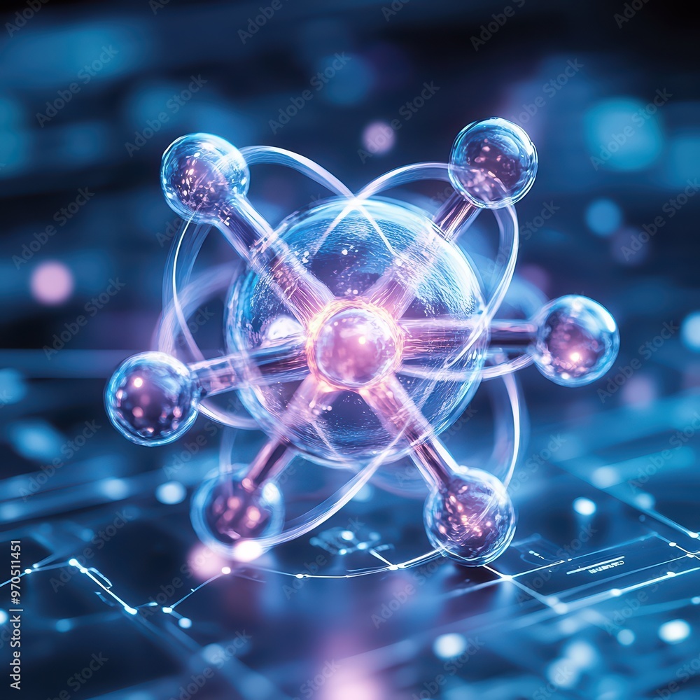 Poster futuristic atom model with glowing nodes on a digital background, symbolizing advanced technology an