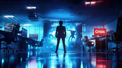 Obraz premium In a dimly lit office, a businessperson confronts a large shadowy figure symbolizing Crisis, representing the looming challenges and uncertainties faced in the corporate world.
