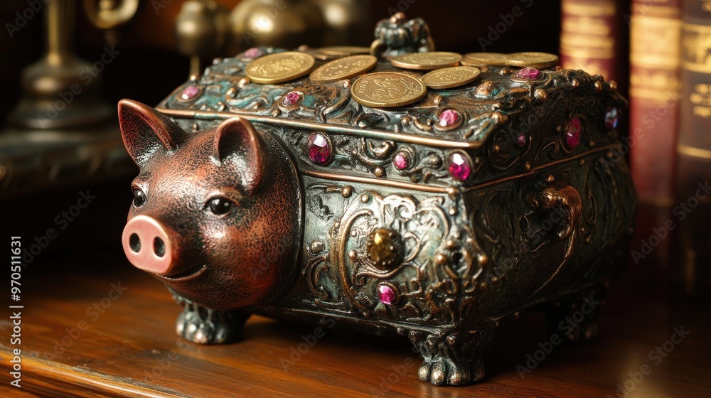Poster create an image of a piggy bank designed to look like a treasure chest.
