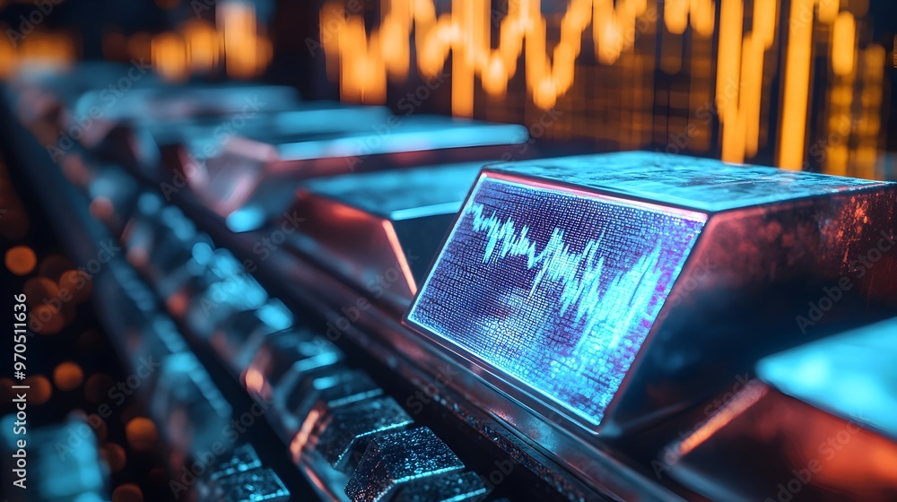 Poster aluminum ingots on a digital display screen showing real-time financial data and analytics.