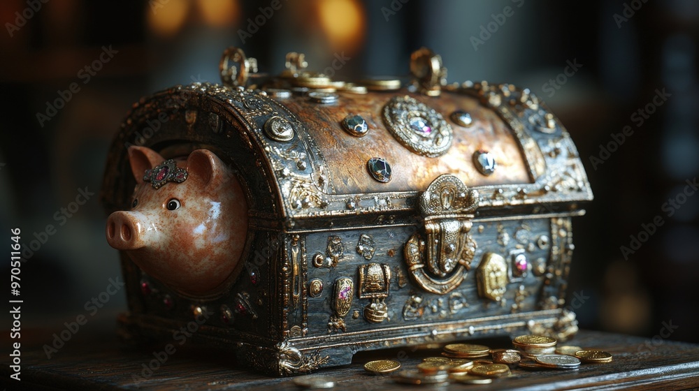 Poster create an image of a piggy bank designed to look like a treasure chest.