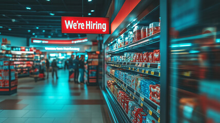 supermarket aisle featuring a large "We're Hiring" sign overhead. Shelves are stocked with products, and shoppers can be seen in the background, creating a busy retail shopping atmosphere.