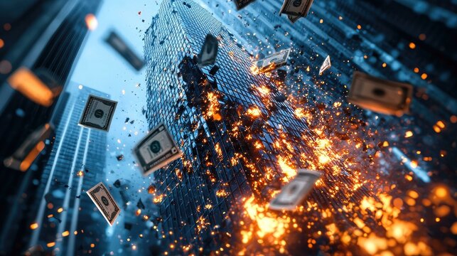 An abstract portrayal of a crumbling skyscraper, adorned with business symbols like briefcases and dollar signs cascading down, vividly representing the dramatic collapse of a major enterprise.