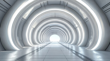 Obraz premium A futuristic hall with a round, geometric arch ceiling. The scene is a 3D rendering showing a complete, panoramic view.360 degree-view