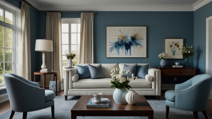 Modern Living Room Decor with Blue and White Accents