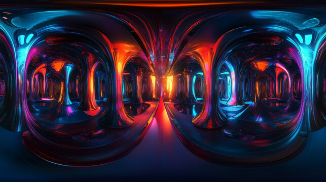 A futuristic hall with glowing neon lights, rendered in 3D. The image is a 360-degree panorama, showing a dark, reflective space with abstract shapes.