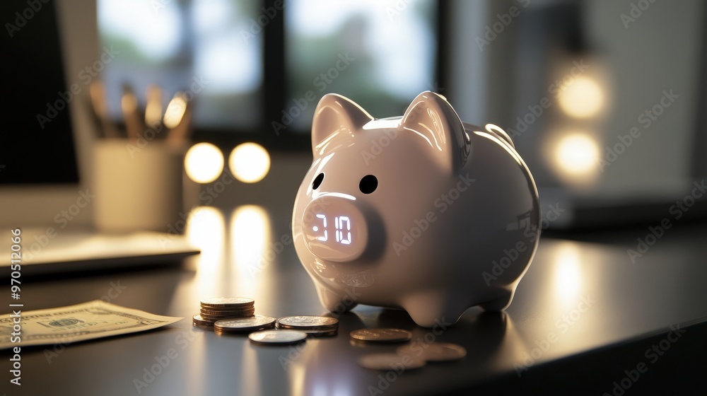 Poster create an image of a piggy bank with a digital display showing the amount of money saved.