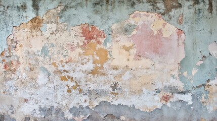 Abstract grunge texture of a weathered wall with peeling paint in shades of blue, pink, and yellow.