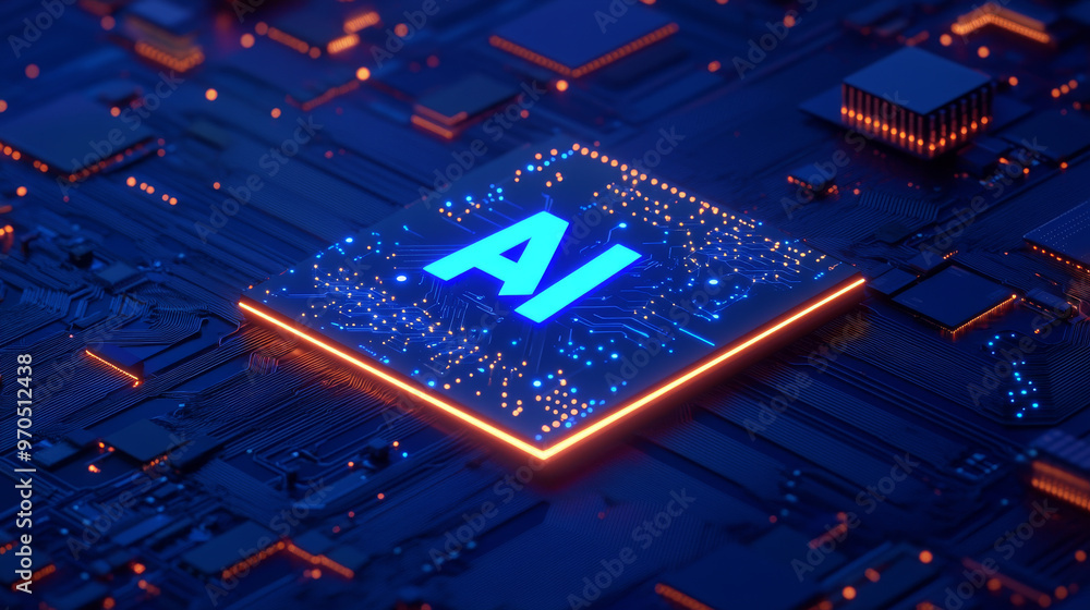 Poster a futuristic image of a computer chip. the chip has a holographic 