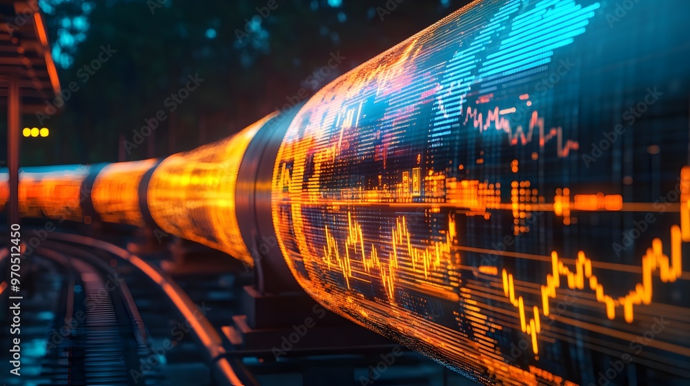 Poster aerial view of a complex network of illuminated oil pipelines and data visualization charts in a nig
