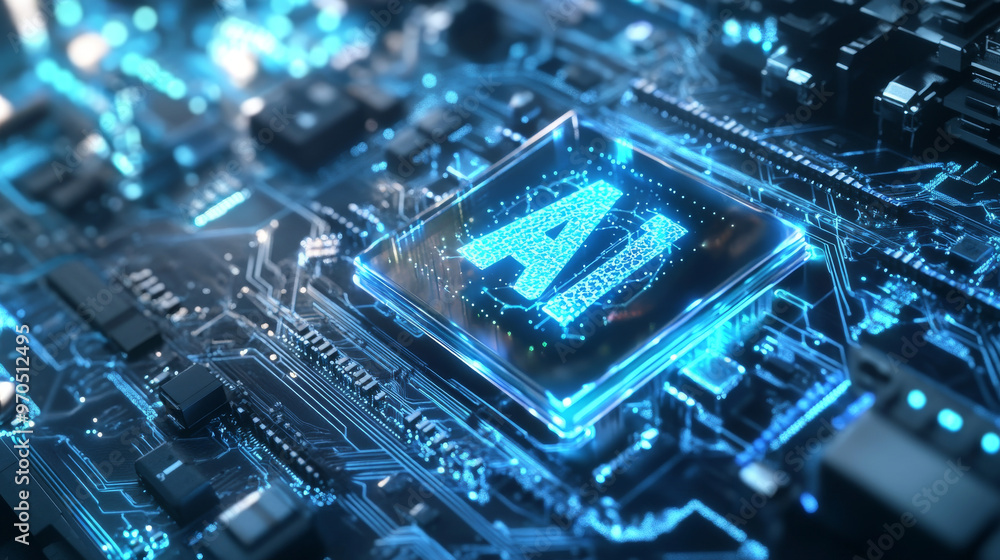 Poster a futuristic image of a computer chip. the chip has a holographic 
