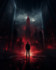 Image of a cyberpunk city, dark tones, black, red, aggressive, scary.