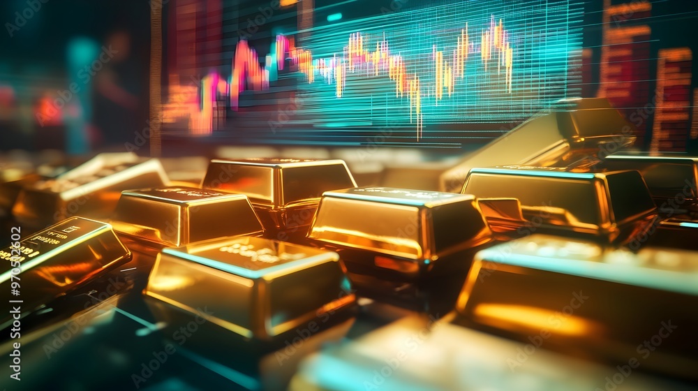 Aufkleber stacks of shiny,gleaming gold bars set against a backdrop of a digital financial data visualization 