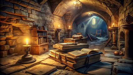 Mysterious underground chamber filled with ancient artifacts and manuscripts