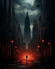 Image of a cyberpunk city, dark tones, black, red, aggressive, scary.