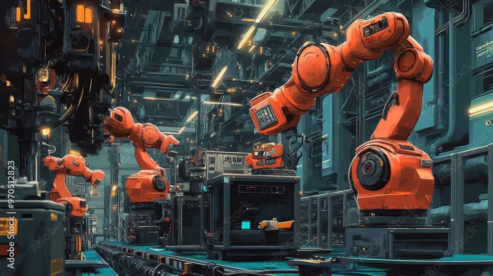 Poster create an image of an industrial assembly line with a focus on automation.