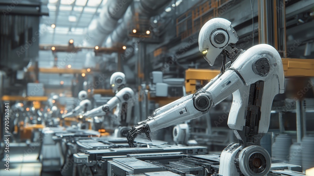 Poster create an image of an industrial assembly line with a focus on automation.
