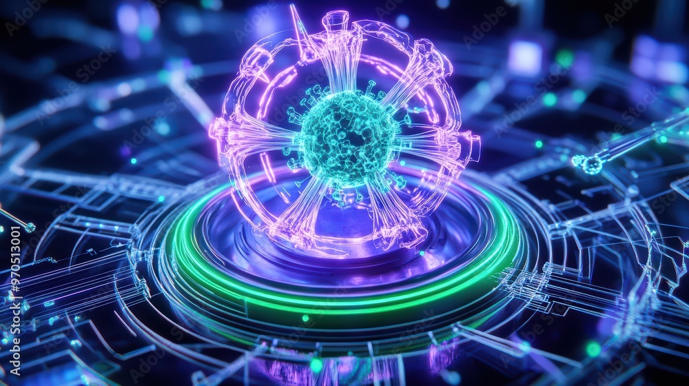 Poster futuristic digital representation of an atomic nucleus with glowing particles, ideal for technology 