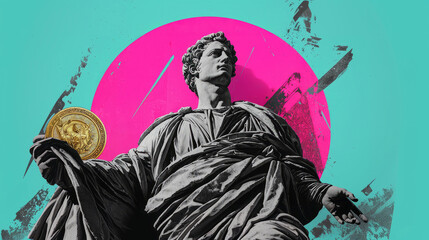 Obraz premium Trendy psychedelic collage from a male Roman statue. Mixed media composition antique and modern elements. Pop-art aesthetic with gold medallion and vibrant splashes