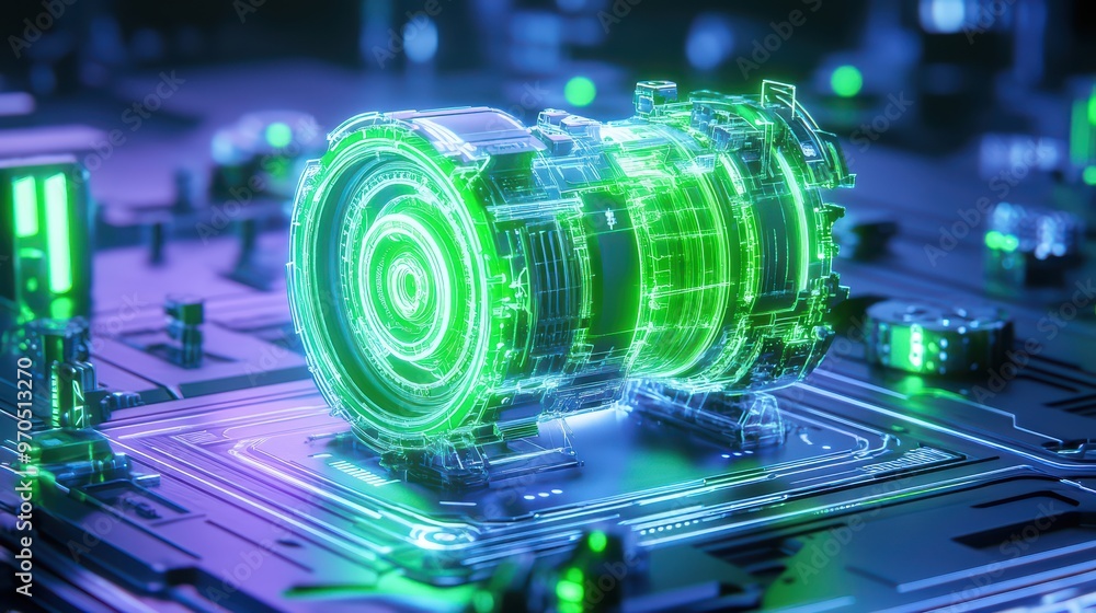 Poster futuristic digital technology with glowing green elements showcasing an intricate circuit design and
